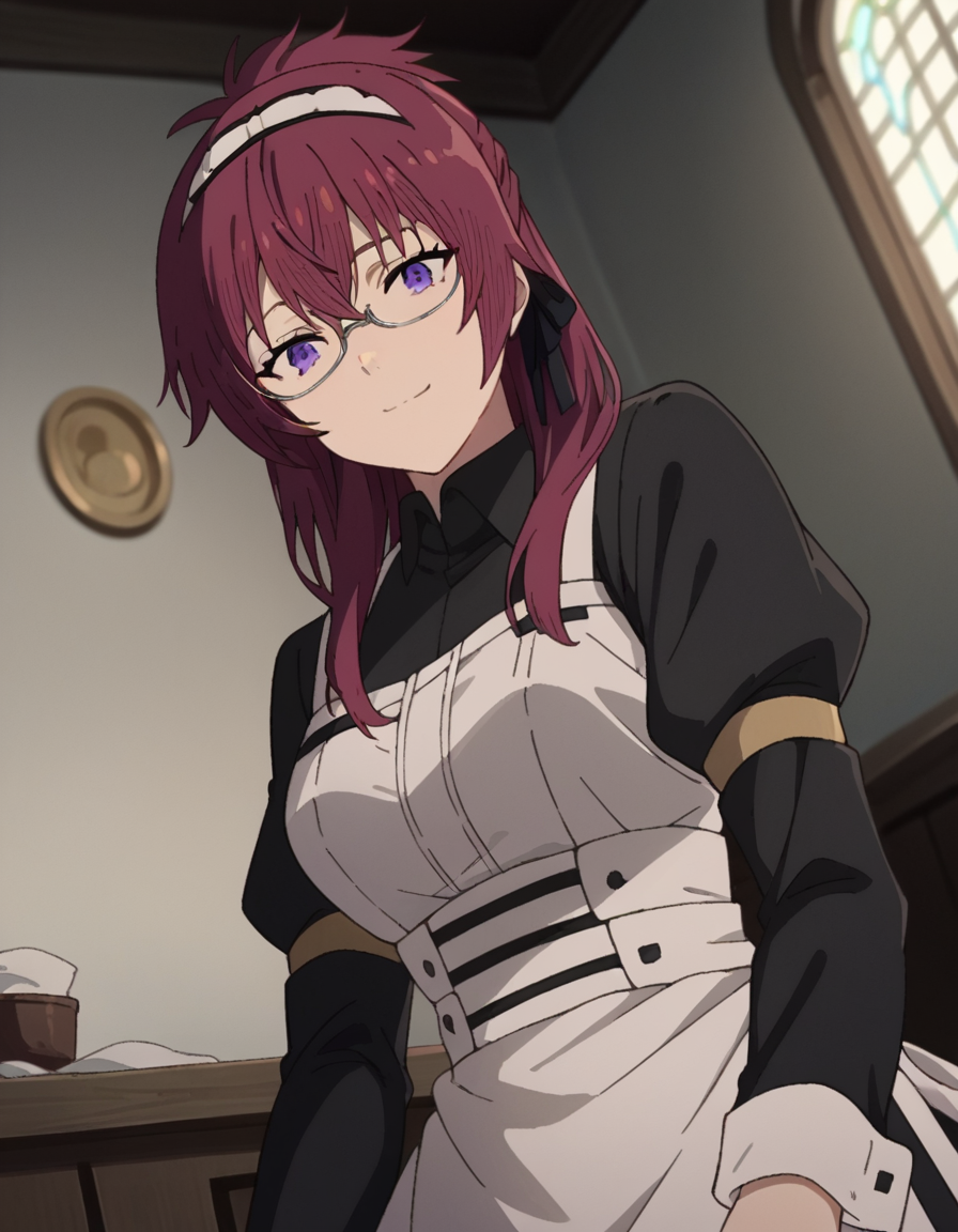 score_9, score_8_up, score_7_up, source_anime,
lilyagreyrat, <lora:lilya-greyrat-s1-ponyxl-lora-nochekaiser:1>,
lilya greyrat, purple eyes, red hair, glasses,
long sleeves, dress, pantyhose, apron, maid, maid headdress, maid apron,
indoors, smile,
looking at viewer, dutch angle, cowboy shot,