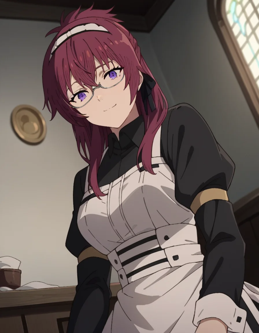 score_9, score_8_up, score_7_up, source_anime,
lilyagreyrat, <lora:lilya-greyrat-s1-ponyxl-lora-nochekaiser:1>,
lilya greyrat, purple eyes, red hair, glasses,
long sleeves, dress, pantyhose, apron, maid, maid headdress, maid apron,
indoors, smile,
looking at viewer, dutch angle, cowboy shot,