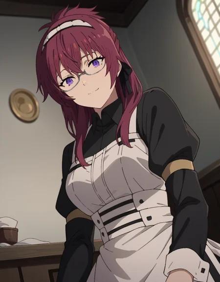 score_9, score_8_up, score_7_up, source_anime,
lilyagreyrat, <lora:lilya-greyrat-s1-ponyxl-lora-nochekaiser:1>,
lilya greyrat, purple eyes, red hair, glasses,
long sleeves, dress, pantyhose, apron, maid, maid headdress, maid apron,
indoors, smile,
looking at viewer, dutch angle, cowboy shot,