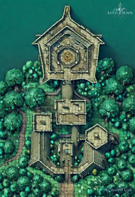 Maya of Squares(Table:1.0),Town, exterior,Trees,create a magicalForest an the riber and castle ruins