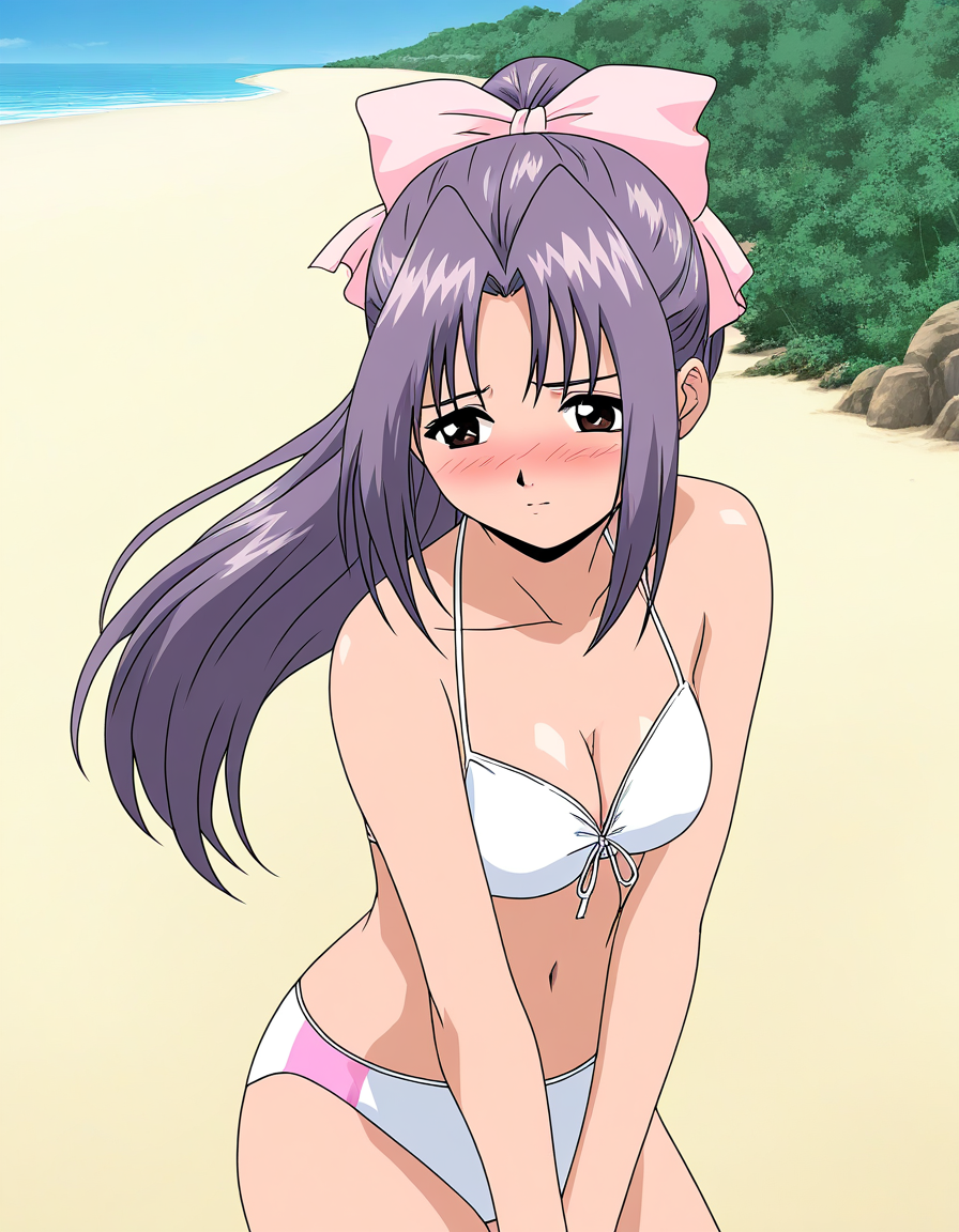 general,highres, game cg, ultra-detailed,very aesthetic,best quality ,best hands,  BREAK <lora:koigakubo_Momoko_IS:1>koigakubo_Momoko, solo, purple hair, long hair, hair bow, brown eyes, ponytail, pink bow, 
blush,   swimsuit, summer, beach, sea, cowboy shot,  breasts, cleavage,
anime coloring,
