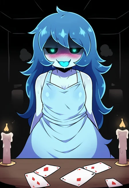 masterpiece, best quality, score_9_up, score_8_up, score_7_up, score_6_up, <lora:PDXL_artist_tags_v2_big:1> by dagasi, 1girl, solo, spooky (sjm), ghost girl, pale body, long blue hair, highlights in hair, transparent blue dress, ripped dress bottom, solid oval eyes, long hair, colored skin, <lora:ins_gamemaster_pony:1.2> gamemaster, glowing eyes, shaded face, (black face:1.2), body in shadow, table, blue backlighting, cute face, looking at viewer, blue blush, narrowed eyes, smug, (glowing tongue, sticking tongue out, big round tongue, blue tongue), heavy breathing, short, petite, small breasts, sweat, sweaty, steamy, musk, musky, musk clouds, indoors, old mansion, bedroom, night,