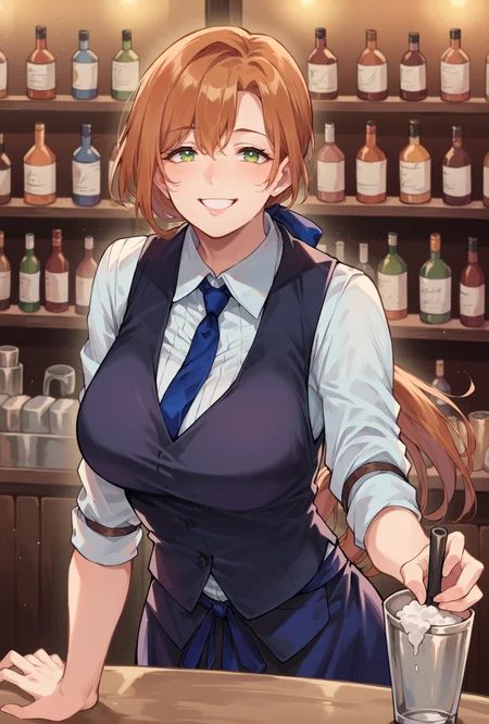score_9, score_8_up, score_7_up, springhn, 1girl, green eyes, auburn hair, <lora:springfield-pdxl:0.9>, apron, bartender, black vest, blue necktie, blue ribbon, collared shirt, ponytail, bangs, smile, long hair, mature female,