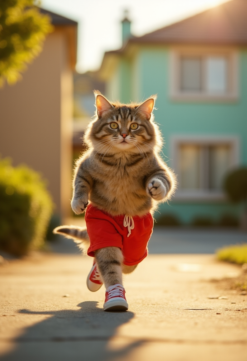 A chubby cat, clad in bright red shorts and sneakers, energetically dashes down the sunlit street, the rhythmic beat of its tiny feet echoing against the pavement. As it bounds forward, its fluffy, striped fur glistens in the warm, afternoon light. Neighborhood houses, painted in soft pastels, blur past, creating a lively backdrop of suburban life. The scene conveys a playful spirit and determination, enriched by a vibrant color palette of sunny yellows and warm reds.