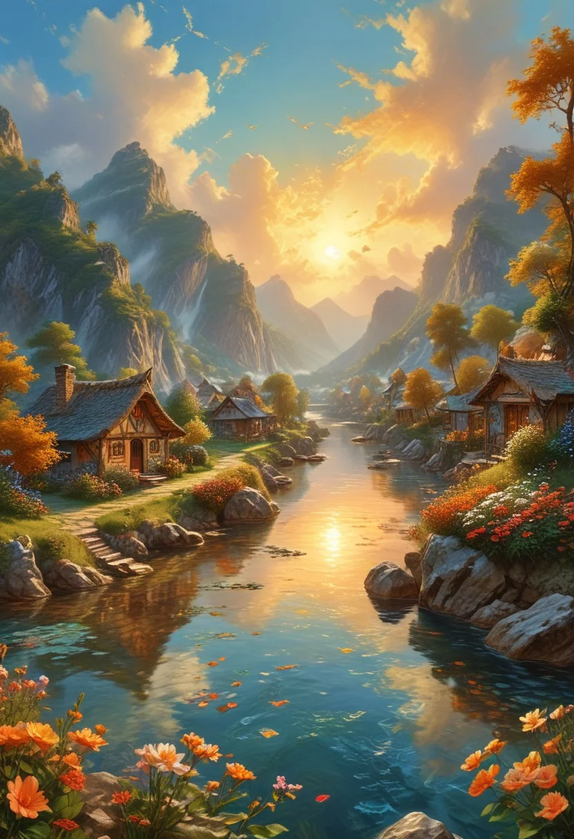 Elves homes from Lord of the rings book, cozy, warm, magical, alluring, hazel-eyes, bright, OverallDetail, Magical beautiful background, fantasy, wild, hyper-detailed hyper-maximalist, dynamic. A crystal-clear river meanders lazily through the valley, its sparkling waters reflecting the blue sky above. The horizon is dotted with puffy white clouds, casting soft shadows across the landscape. The air is filled with the sweet scent of flowers and the song of birds, creating a harmonious symphony of nature. A warm golden glow bathes the entire scene, painting everything in warm hues, as the setting sun slowly dips below the horizon, signalling the end of another day in this idyllic natural landscape.