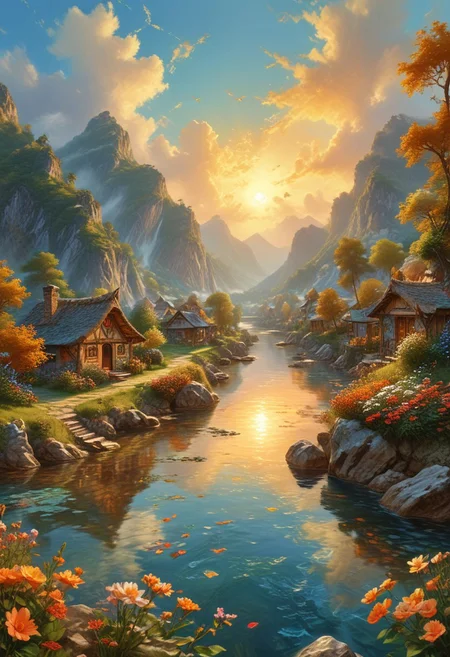 Elves homes from Lord of the rings book, cozy, warm, magical, alluring, hazel-eyes, bright, OverallDetail, Magical beautiful background, fantasy, wild, hyper-detailed hyper-maximalist, dynamic. A crystal-clear river meanders lazily through the valley, its sparkling waters reflecting the blue sky above. The horizon is dotted with puffy white clouds, casting soft shadows across the landscape. The air is filled with the sweet scent of flowers and the song of birds, creating a harmonious symphony of nature. A warm golden glow bathes the entire scene, painting everything in warm hues, as the setting sun slowly dips below the horizon, signalling the end of another day in this idyllic natural landscape.