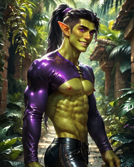 score_9, score_8_up, score_7_up, intricate details, rating_questionable,
<lora:Orbul:0.8>,
1boy(Orbul, green skin, green pecs, black hair, ponytail tied with purple string, solo, looking straight at the viewer:3, facing the viewer:3, cowboy shot, smiling, full frontal, tight black leather pants, vibrant purple leather super crop top with long purple sleeves, exposed nipples, exposed pecs), walking along an ancient brick road, ruined city in a tropical jungle, at night, night, darkness, shadows,
detailed background, depth of field,
<lora:ral-chrosc-clr:0.5>, ral-chrosc-clr,
<lora:Expressive_H:0.5>, Expressiveh,
<lora:xl_more_art-full_v1:0.3>,
<lora:add-detail-xl:0.3>