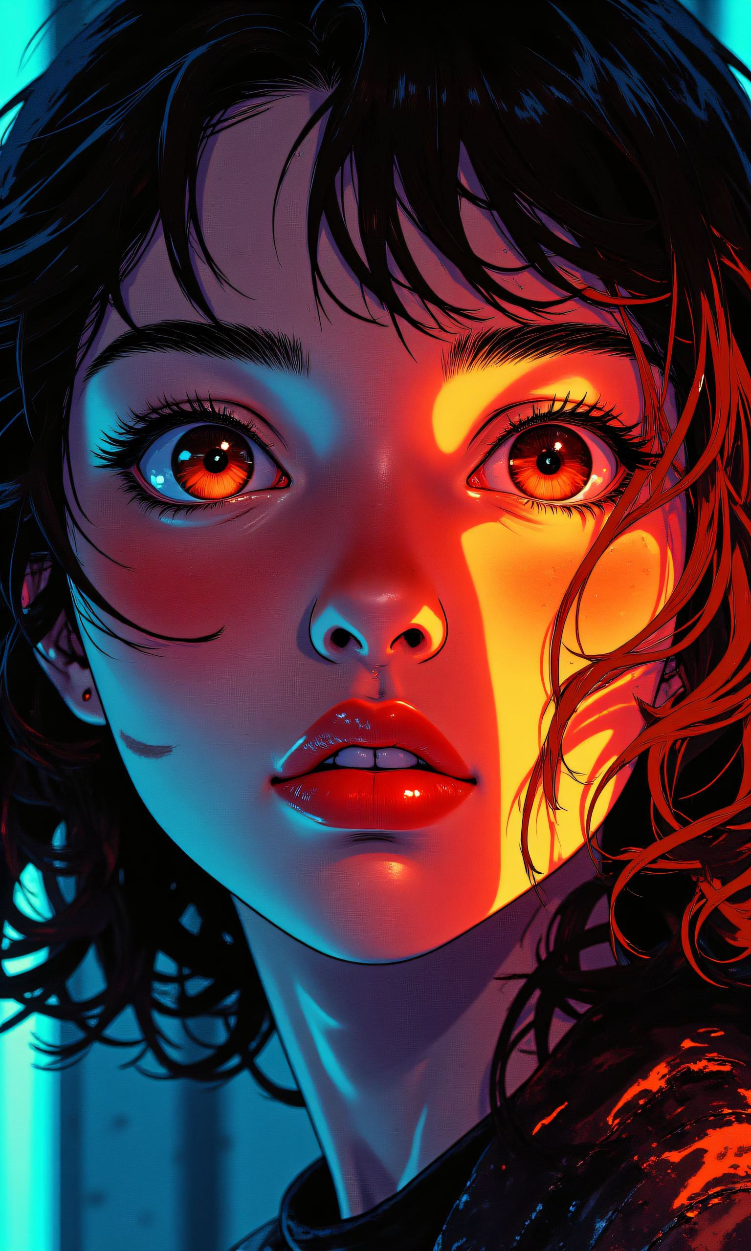 The portrait is a mesmerizing blend of vibrant colors and dramatic lighting, capturing a moment of intense emotion and raw beauty. The subjectâa young womanâis framed in close-up, her face bathed in an interplay of neon hues that create a surreal, almost otherworldly atmosphere. 
Her eyes  are the focal point, large and expressive, with deep brown irises that seem to shimmer under the light. Her gaze is direct and piercing, as though she is looking straight into the viewerâs soul. The contrast between the warm tones illuminating her face and the cool blue-green background enhances the intensity of her expression, making her appear both vulnerable and powerful. 
Her skin  is smooth and radiant, glowing with a mix of fiery orange and electric blue highlights. The lighting casts sharp contrasts across her features, accentuating her high cheekbones, delicate nose, and full lips. Her lips are slightly parted, revealing a hint of teeth, adding to the sense of quiet determination or contemplation in her expression. 
Her hair  is dark and wavy, cascading loosely around her shoulders. Strands fall gently over her forehead and frame her face, catching the light in places to reveal subtle reflections of the surrounding colors. The hair adds texture and movement to the image, giving the impression that she has just turned or shifted her head, allowing the light to play across her features dynamically. 
The lighting is dynamic and layered, creating a vivid interplay of warm and cool tones. On one side of her face, orange and red hues  dominate, casting a fiery glow that highlights her cheekbones and jawline. This warmth contrasts sharply with the cool blue-green tones  on the other side, which give her skin a luminous, ethereal quality. The interplay of these colors creates a sense of dualityâfire and ice, passion and calmâall coexisting within her. 
j_art, j_anime, <lora:FLUX\OBdonman, anime0style portrait:0.15>, <lora:FLUX\jul\J_Anime:1.0>, <lora:FLUX\RealAnime:0.1>