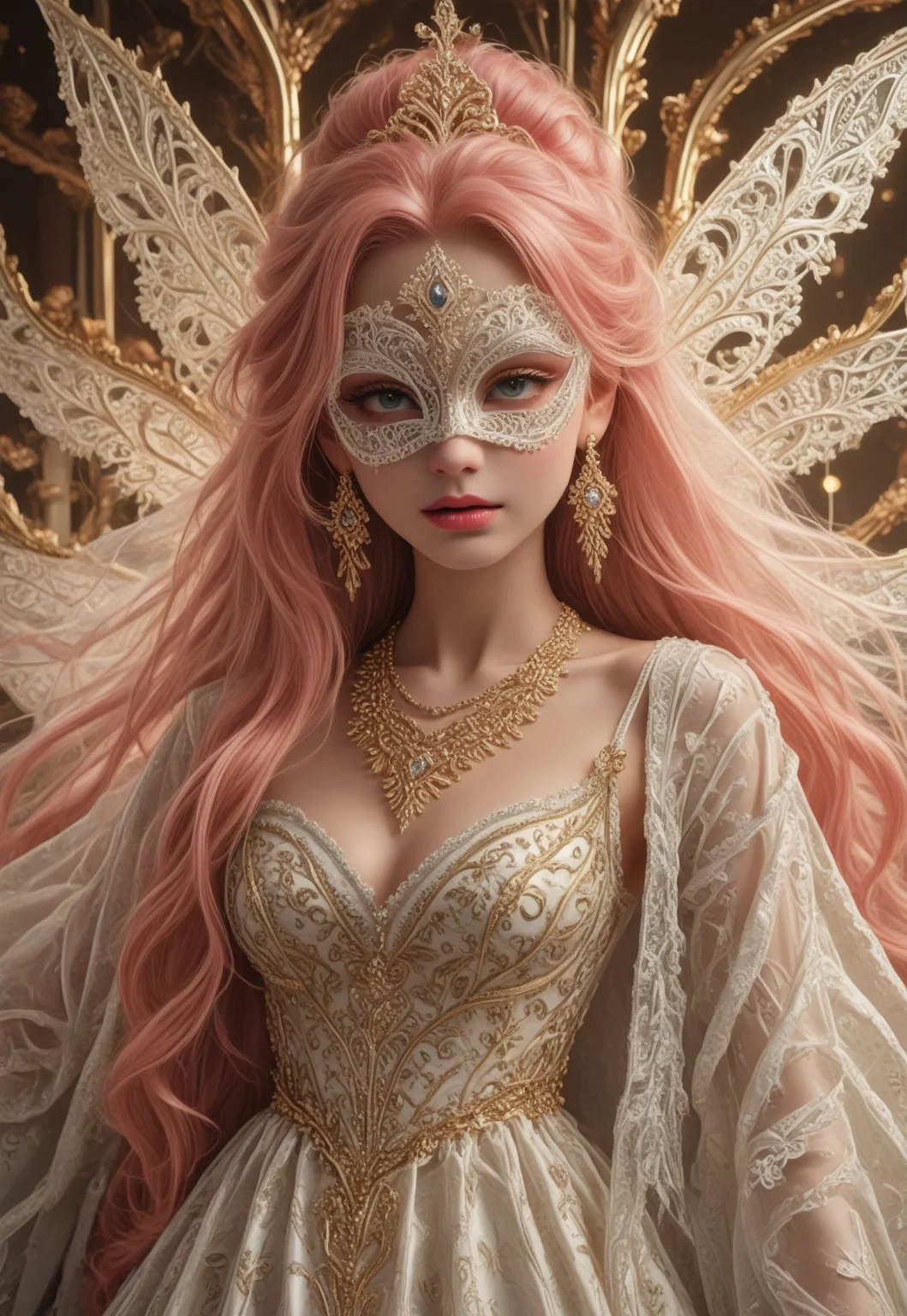 safe_pos, pmg style, score_9, score_8_up, score_7_up, score_6_up,
pink hair, ((very long hair:1.4)), ((white puppet:1.2)), ((white lace mask:1.3)), gold pattern mask, (slender:1.2), glowing transparent wings, wings on back, huge fractal patterned wings, slender, beautiful breasts, white shining dress, see-through shawl, fancy shawl, full of gold ornaments dress, tiara, extravagant jeweled necklace, crazy extravagant, excessive glittering decorations on dress, complicated patterned dress, flowers, long earrings, glitters on dress, jewelry, layered dress, complicated patterned dress, excessive extravagant ornaments,