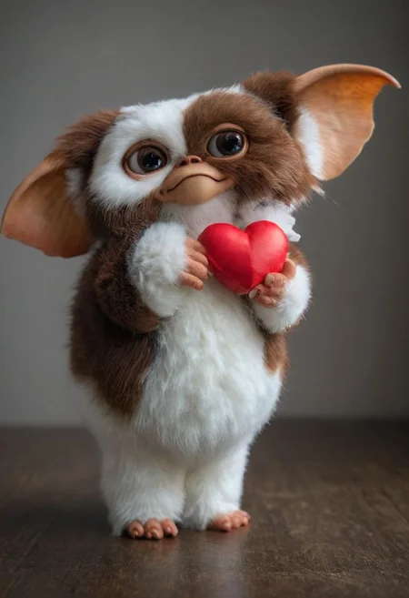 amazing quality, masterpiece, best quality, hyper detailed, ultra detailed, UHD, perfect anatomy, portrait, dof, hyper-realism, majestic, awesome, inspiring, - a fluffy cute #giz# gizmo with large friendly eyes Holding a Valentine heart to welcoming a Special person.. with perfect teeth and smile, cinematic composition, soft shadows, national geographic style,