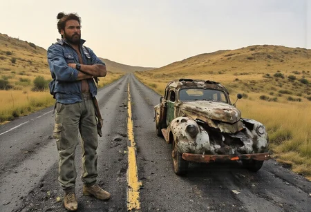 A young bearded man in a worn-out blue denim jacket standing next to a rustic, navy blue subaru with the hood slightly ajar. His arms are crossed over his chest and his eyes are fixed on the flat tire on the driver’s side, which lies deflated and defeated against the gravelly shoulder of the desolate, two-lane road. The tire's treads have been shredded, revealing the stark white of the rubber underneath, a clear sign of a recent blowout. In his right hand, he loosely holds a lug wrench, a symbol of his unfinished battle with the unforeseen adversity. The setting is a picturesque countryside, with rolling hills and a patchwork of yellow fields stretching out to the horizon, dotted by a few solitary trees and a narrow strip of yellow-orange sunset. The soft, warm light casts long shadows, painting the scene with a serene yet melancholic glow. The man’s expression is a blend of resignation and contemplation as he strokes his beard with his free hand, his lips curled into a slight smile that suggests a silent chuckle at his own misfortune. Behind the truck, the asphalt stretches into the distance, hinting at the long journey ahead and the unplanned detour this expense represents. The surrounding silence is only broken by the occasional chirp of a bird and the distant hum of a car passing by, reminding him of the world continuing on its way while he faces his monetary setback. T