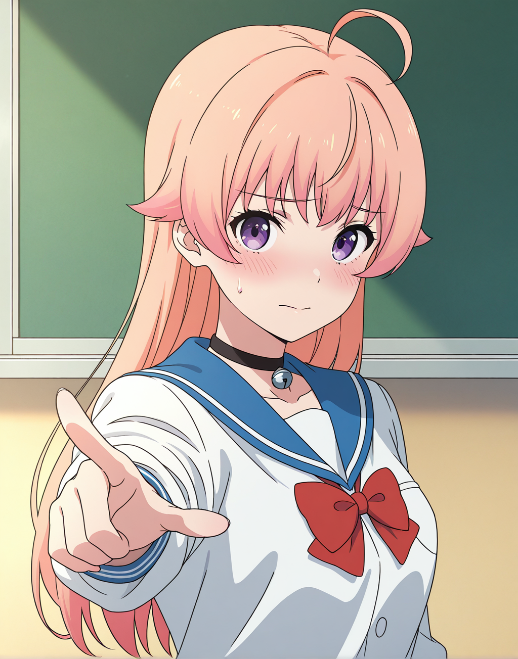 NicoW, peach hair, 1girl, solo, purple eyes, school uniform, long hair, blush, chalkboard, red bow, looking at viewer, sailor collar, ahoge, pointing, bangs, upper body, sweatdrop, classroom, collarbone, neck bell, long sleeves, closed mouth, blue sailor collar, indoors, white shirt, technicolor, detailed, 4k, best quality, masterpiece, intricate details, intricate colors, illustration, cinematic, cinematic shading, ray tracing, anime,anime screencap, anime coloring, anime screenshot,