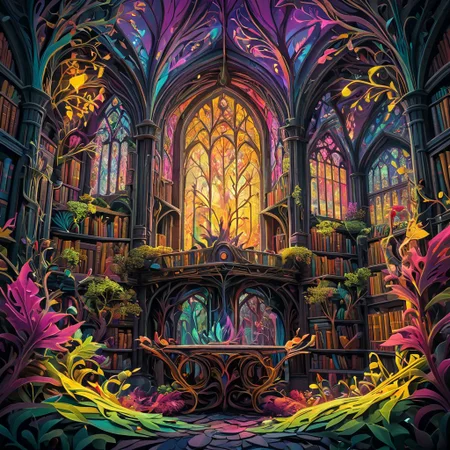 artpkplnt, colorful illustration, castle library, 4k, uhd, warlock, masterpiece, Artpprct, in the style of papercutting