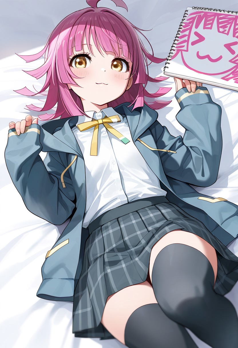 Type_TRP, (masterpiece), (best quality), (ultra-detailed), very aesthetic, high resolution, perfect composition, intricate details, absurdres, newest, extremely detailed eyes, beautiful, perfect lighting, hi res, amazing quality, very awa, painting_(artwork), dynamic angle, dynamic pose, 1girl, tennouji rina, pink hair, nijigasaki academy school uniform, holding, lying, white shirt, yellow bowtie, looking at viewer, yellow bow, yellow eyes, on back, plaid skirt, blue jacket, black thighhighs, long sleeves, sleeves past wrists, drawing, ahoge, sketchbook, :3, yellow ribbon, collared shirt, blunt bangs, open clothes, blush, pleated skirt, neck ribbon, grey skirt, smile, medium hair, paper