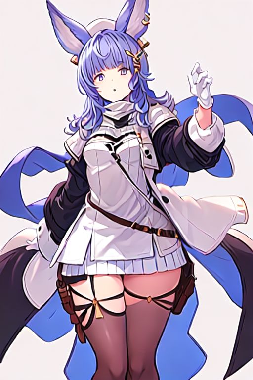 tikohdef, hair ornament, black thighhighs, white gloves, white headwear, white dress, cleavage, white panties, long sleeves