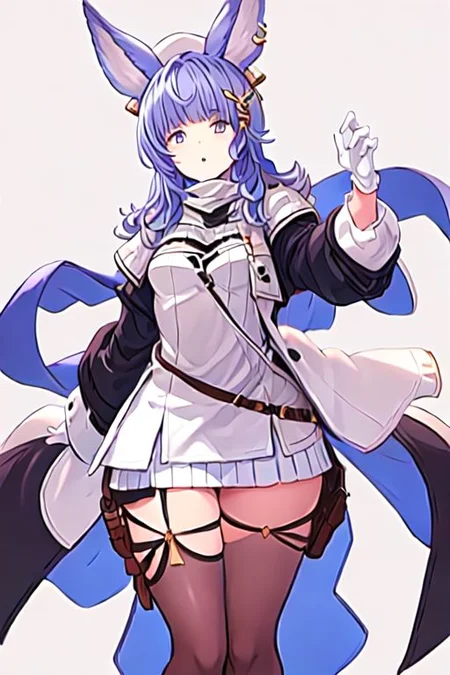 tikohdef, hair ornament, black thighhighs, white gloves, white headwear, white dress, cleavage, white panties, long sleeves