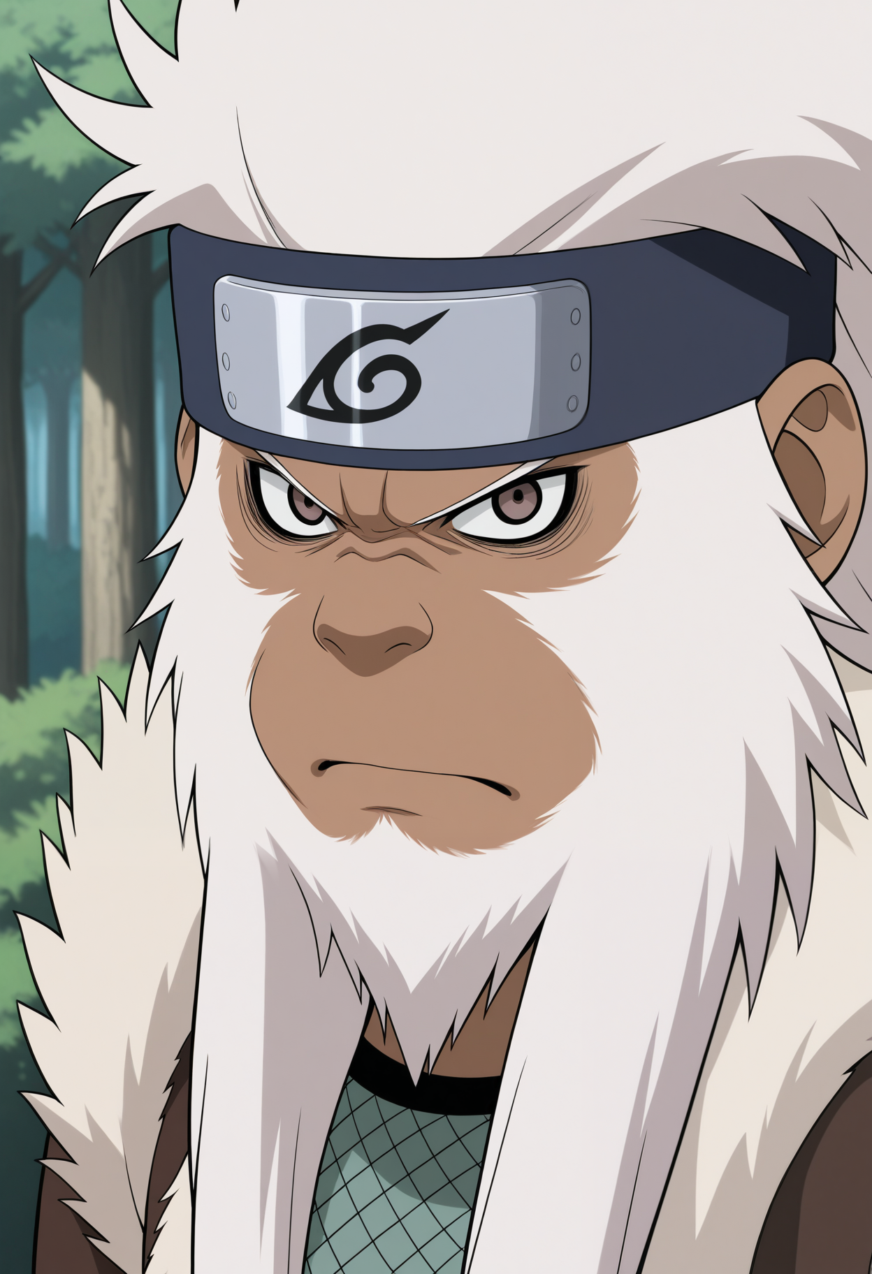 masterpiece,best quality,amazing quality, 1boy, solo, 3nm4, monkey boy, white hair, dark skin, white fur, forehead protector, konohagakure symbol, orange fur-trimmed shirt, white fur trim, fishnet top, close up, side angle, serious, close up, side angle, looking at viewer, forest,