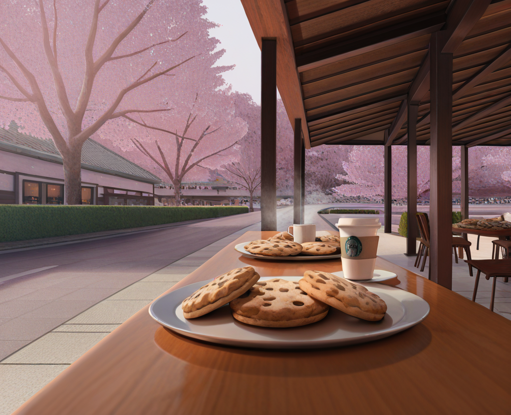 masterpiece, best quality, amazing quality, highres, absurdres, intricate detail, 3d, realistic,  very aesthetic, <lora:CakiiBB_style_ILLUS-000008:0.8> , no humans, table, cookies on plate, coffee cup, steam, outdoors, cherry blossoms, scenery, cinematic, photography, sidewalk, restaurant, from side, angle view
