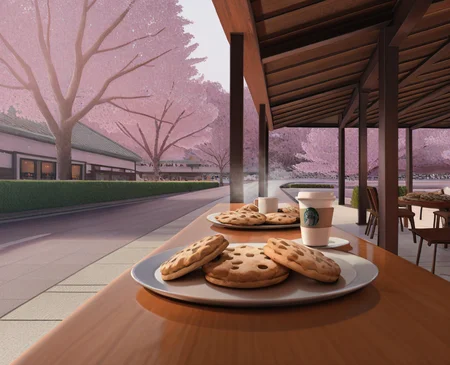 masterpiece, best quality, amazing quality, highres, absurdres, intricate detail, 3d, realistic, very aesthetic, <lora:CakiiBB_style_ILLUS-000008:0.8> , no humans, table, cookies on plate, coffee cup, steam, outdoors, cherry blossoms, scenery, cinematic, photography, sidewalk, restaurant, from side, angle view