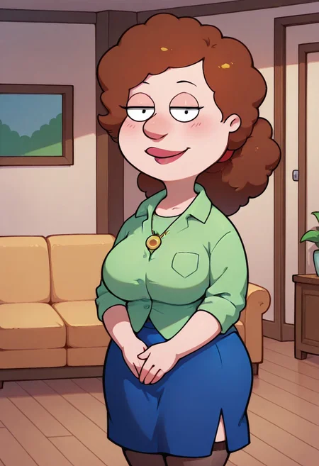score_9,score_8_up,score_7_up,score_6_up,best quality, 1girl, solo, living room, couch, indoors,
BREAK
unnamed girl, brown hair, black eyes, big nose, (mature female:1.5), (plump:1.2), large breasts, gigantic hips, thick thighs, green sweater, rolled up sleeves, blue skirt, stockings, own hand together, blush, smile, looking at viewer, long skirt, half-closed eyes, necklace,