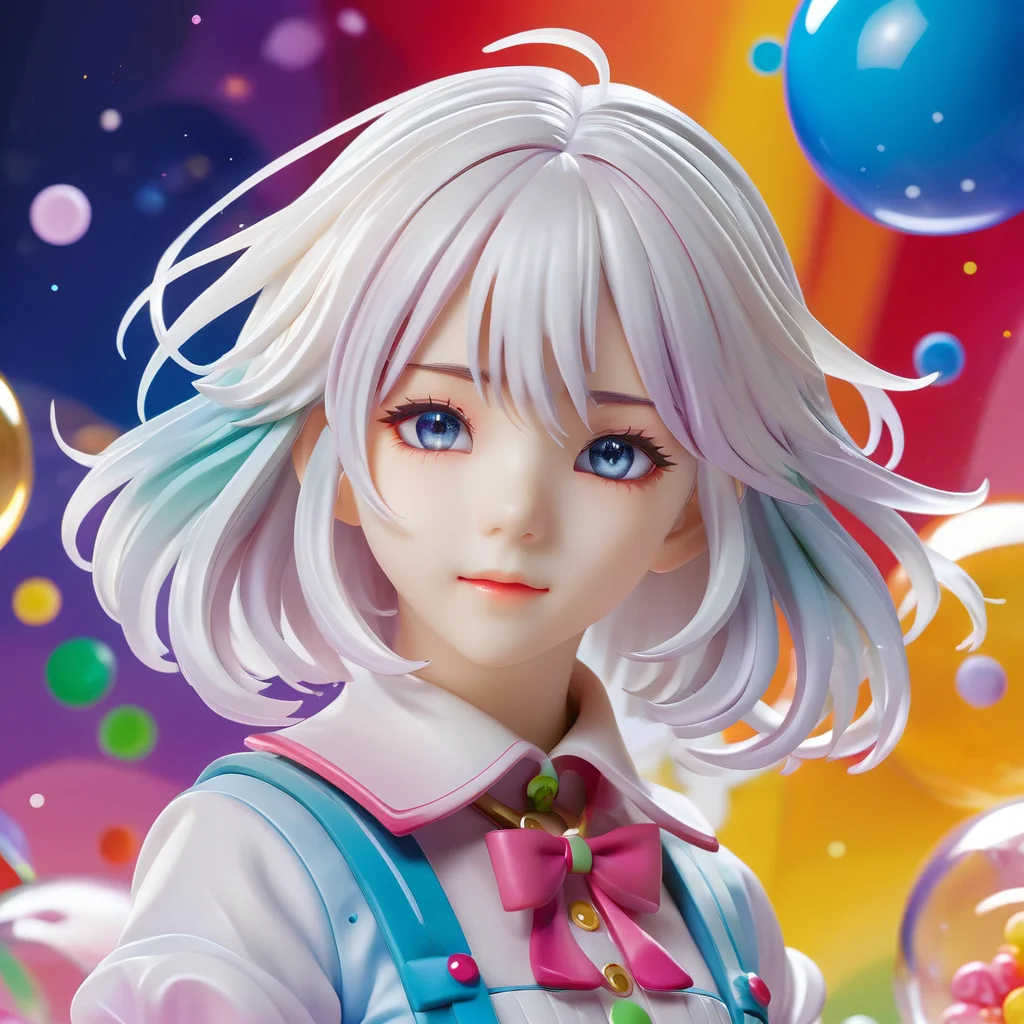 <lora:PVC:1>ï¼PVC figure,rendering, (((masterpiece))),(((best quality))),((ultra-detailed)),(dynamic angle), ((floating)),(paint),((disheveled hair)), (solo),(1girl), l(((detailed anima face))),((beautiful detailed face)),collar,bare shoulders, white hair, ((colorful hair)),((streaked hair)), beautiful detailed eyes,(Gradient color eyes),(((colorful eyes))),closed-up, (((colorful background))),(((high saturation))),(((surrounded by colorful splashes))),(((surrounded by colorful dot))),colorful bubble,((shining)) , ((young,little girl,cute,little girl face))