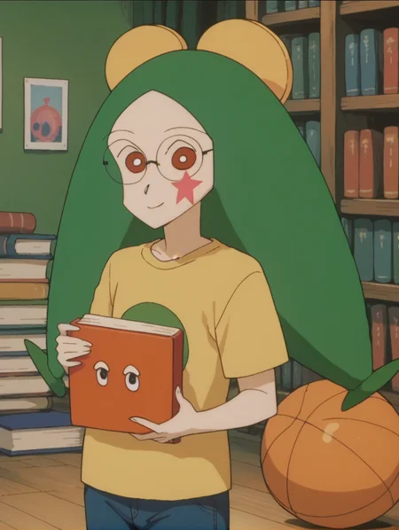 score_9, score_8_up, score_7_up, score_6_up, score_5_up, score_4_up,source_anime,anime screencap,uncensored,1girl,child,flat chested,BREAK
<lora:topema_v1:0.85> toppemampt, red eyes,green hair, colored skin, facepaint,jeans,yellow t-shirt,striped shirt, glasses, living room, library, holding book,looking at viewer, smile,hold a book in one's hands