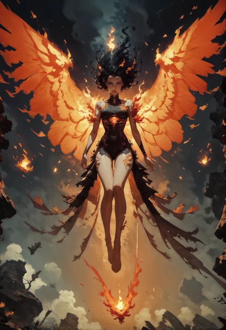 score_9, score_8_up, score_7_up, score_6_up,  1girl, (solo), black hair, female phoenix, floating, flying, fiery wings, inferno, fire, flames, lava made, translucent, fantasy, glowing, barefoot, knva, halftone effect, Expressiveh  <lora:sinfully_stylish_SDXL> <lora:add-detail-xl:1> <lora:xl_more_art-full_v1:0.7> <lora:Kenva:1> <lora:Concept Art Twilight Style SDXL_LoRA_Pony Diffusion V6 XL:1> <lora:Expressive_H-000001:0.8>