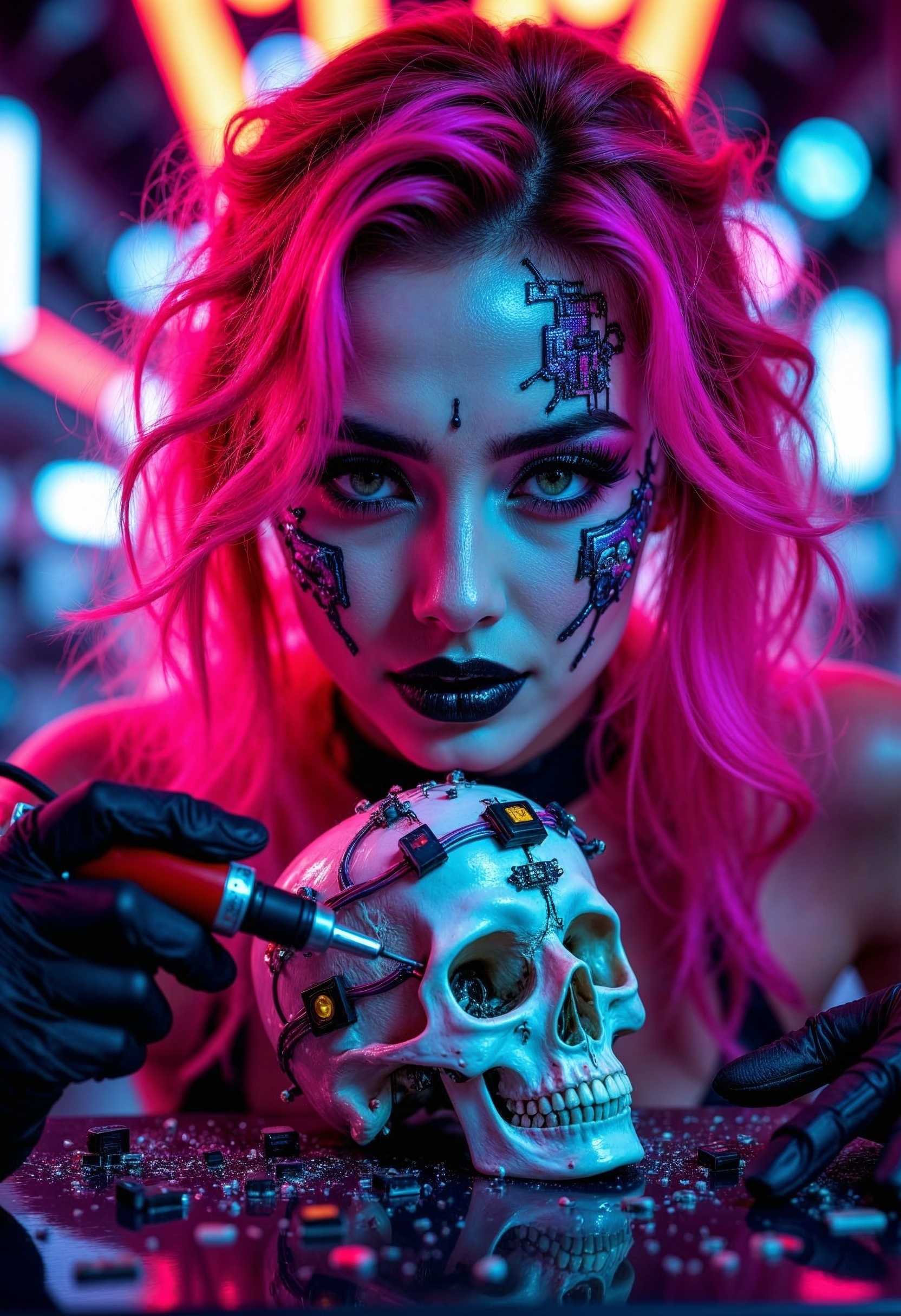 a cyberpunk theme. The layout is centered around a female figure with striking neon pink hair, styled in voluminous waves. Her skin is pale, with intricate metallic and circuit-like designs adorning her face, giving a futuristic appearance. She wears black lipstick and dark eye makeup, enhancing her intense gaze. The subject is holding a soldering iron in a gloved hand, poised over a skull embedded with electronic components and wires, suggesting a blend of organic and mechanical elements. The background is filled with blurred, colorful lights and electronic equipment, contributing to the high-tech, dystopian atmosphere. The overall color palette is dominated by neon hues and metallic tones, creating a visually striking and immersive scene.