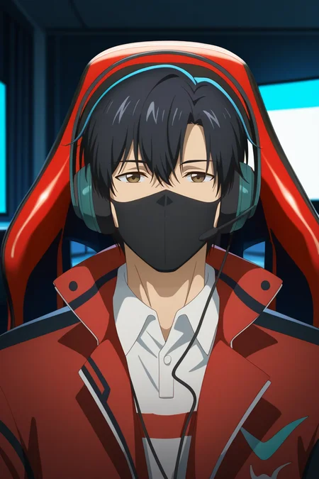 masterpiece, best quality, amazing quality, very aesthetic, high resolution, ultra-detailed, absurdres, newest, scenery, volumetric lighting, depth of field,anime screencap, , , 1boy, solo, male focus, <lora:yexiu:0.92>Ye Xiu, black hair,brown eyes, short hair,Looking at viewer,hair between eyes, sitting,collared shirt, indoors,striped clothes, black mask, headphones, chair,upper body,gaming chair, headset, striped shirt, mouth mask, covered mouth,esport jacket,red jacket