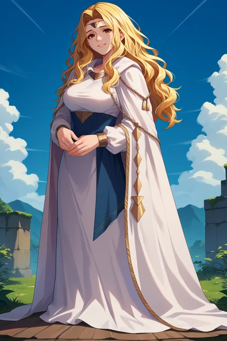 score_9, score_8_up, score_7_up, score_6_up, source_anime, 1girl, solo, <lora:feedain-pdxl-nvwls-v1-000005:1> fe4edn, blonde hair, wavy hair, long hair, brown eyes, circlet, white dress, long sleeves, cape, big breasts, looking at you, smile, full body, tired, blue sky, from side
