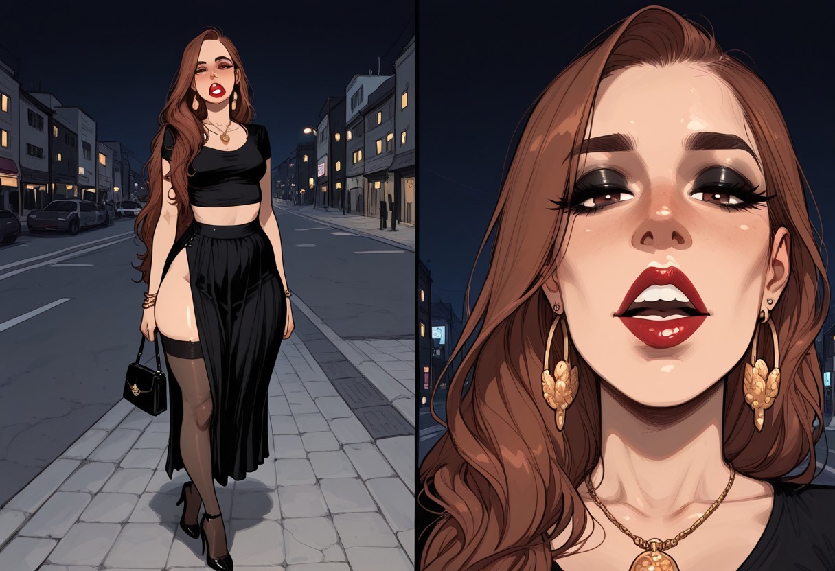 score_9_up, score_8_up, score_7_up, masterpiece, best quality, incoth, (incase:0.6), very aesthetic, (dynamic:1).
1girl, solo,, detailed face, larkaf ,1woman, sensual, 30 years old, arab nose, wide nose, brown eyes, long eyelashes, small breasts, wide hips,  big ass, very long brown hair, Voluminous hair, thick thighs. tall round face, big frontal teeth 
dramatic.
seductive look, confident, eyes open
night makeup, red lips,
big golden round earrings, bracelets, necklace, black purse with gold ornaments,  small black tight crop top, loose black high waisted long cloth skirt,  thigh high stockings, Black high heels with red soles
walking alone on the sidewalk , giving the viewer a kiss
outdoors, night lights, city night on background, (close up, bust shot)