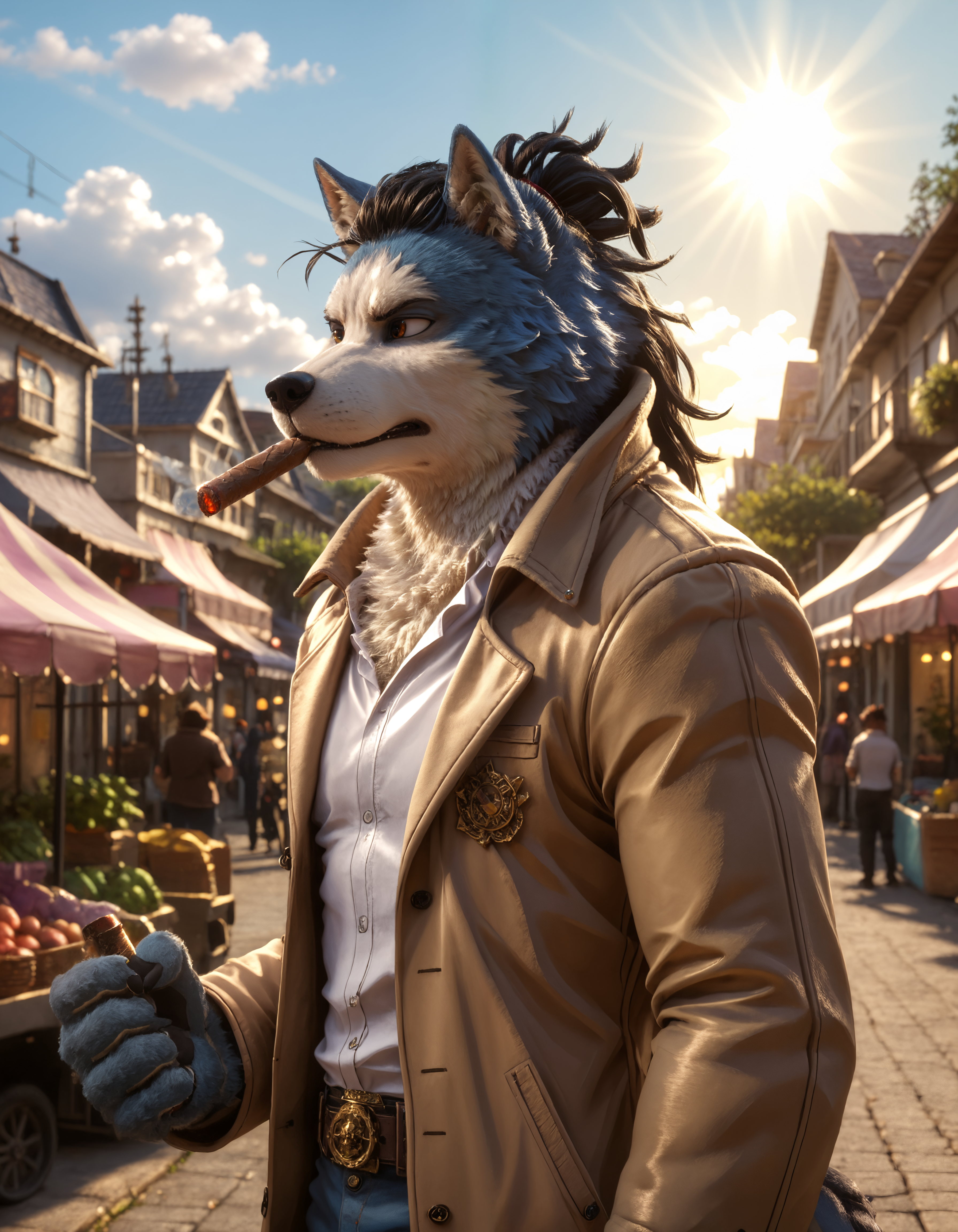 score_9, score_8_up, score_7_up, BREAK rating_safe,  detailed, cinematic lighting, hdr, masterpiece, best quality, ultra realistic, 4k, 2k, film photography, RAW photo, photorealistic, analog style, subsurface scattering, photorealism, <lora:add-detail-xl:2.5>,  <lora:2.5DRealisticV2.safetensors:0.20>, <lora:sinfully_stylish_SDXL.safetensors:0.6>,  <lora:AdvancedEnhancerXLv2.safetensors:0.8>, <lora:<lora:Chojuro_Kon_Chimera_My_Hero_Academia.safetensors:0.7>, solo, anthro, chojuro_kon_Ñhimera, furry, male focus, 1boy, furry male, solo, coat, animal ears, wolf ears, shirt, scalie hands, cigar (from side, looking away , sleepy, market sunrays sun rays:1.15)