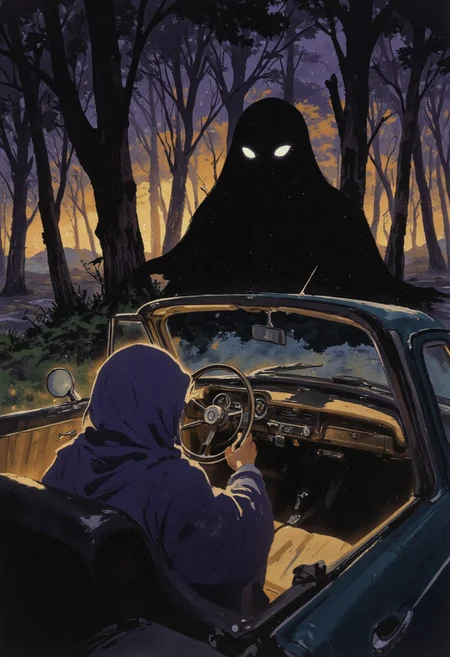 A Ghibli-inspired fantasy scene of a shadowy black ghost sitting ominously in the back seat of a vintage car, its glowing eyes faintly visible through the darkness. The driver, a young person with a calm yet uneasy expression, grips the wheel as twilight casts golden and purple hues across the sky. The car's interior is detailed with warm, retro tones, illuminated by the ethereal glow of the dashboard lights. Outside, a mystical forest stretches endlessly, its trees swaying gently as if whispering secrets. The atmosphere is a blend of serene and eerie, capturing the mysterious bond between the two travelers."