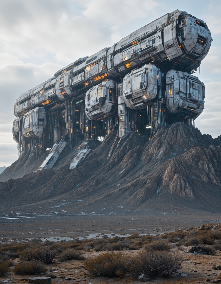 <lora:SWL_Stations1v2flux:1> lostst1, station, impressive scientific complex, abandoned, metallic, cyberpunk, science fiction, in a mountains, lights, desert,