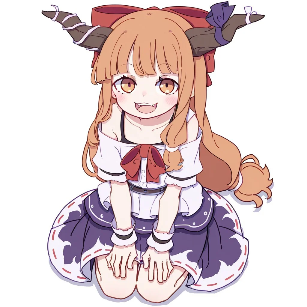 masterpiece, best quality, very aesthetic, absurdres, artist:kame \(kamepan44231\), by kame, kame_official, 1girl, ibuki suika, blush, bow, bra strap, brown horns, full body, hair bow, horn bow, horn ornament, horns on head, long hair, looking at viewer, low-tied long hair, off-shoulder shirt, off shoulder, open mouth, orange eyes, orange hair, purple bow, purple skirt, red bow, ribbon-trimmed skirt, ribbon trim, shirt, simple background, skirt, smile, solo, very long hair, white background, white shirt, wrist cuffs, seiza, hands on own knees, :D, from above,