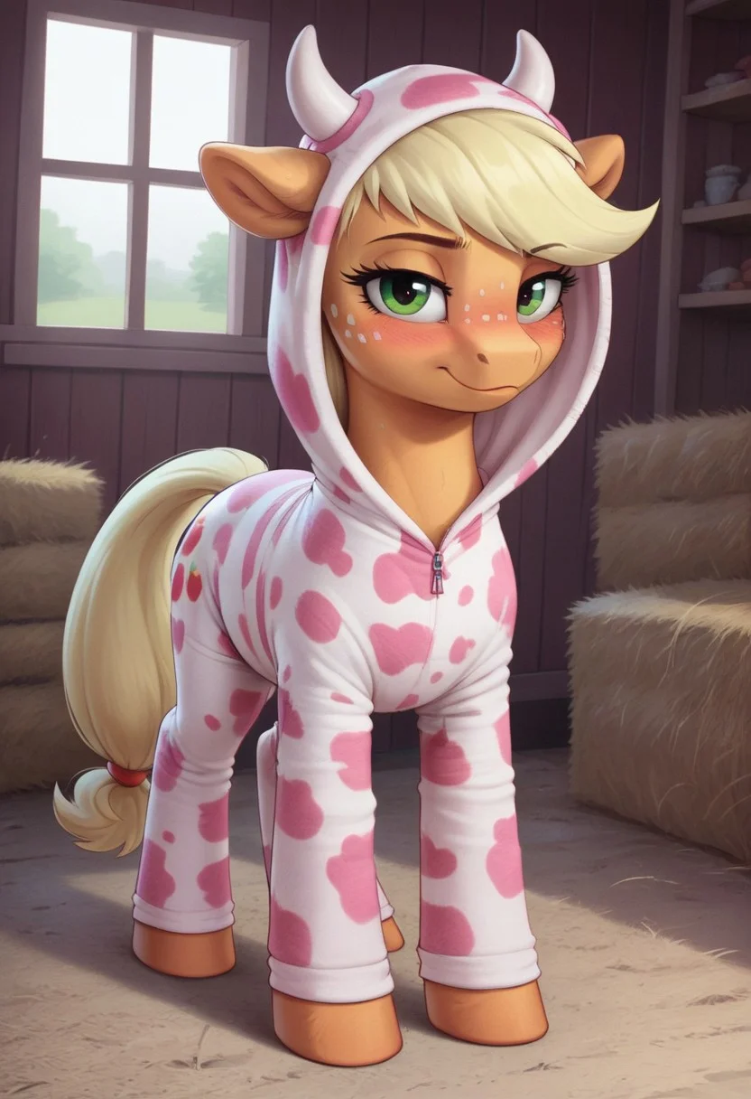 score_9, score_8_up, score_7_up, score_6_up, pony, feral, mare, solo, (applejack), no breasts, barn, haystacks, indoors, tail, photo_realistic, blushing female, anatomically correct, p1nkc0w, pink cow print, thigh highs, hood up, onesie, horns, horny face, looking at you, anatomically correct, looking at you, dynamic pose, dramatic angle, blushing female, anatomically correct, looking at you, standing on 4 legs, all fours, front view,