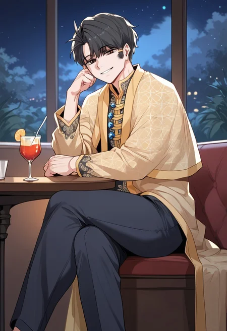 zPDXL3, score_9_up, score_8_up, score_7_up, (Anime_source), 1boy, PadriusEncilion, dark eyes, dark grey hair, short hair, Padrius clothes, pants, sitting, crossed leg, cowboy shot, looking at viewer, parted lips, smile, from side, luxurious restaurant, night, relax atmosphere, table, cocktails,