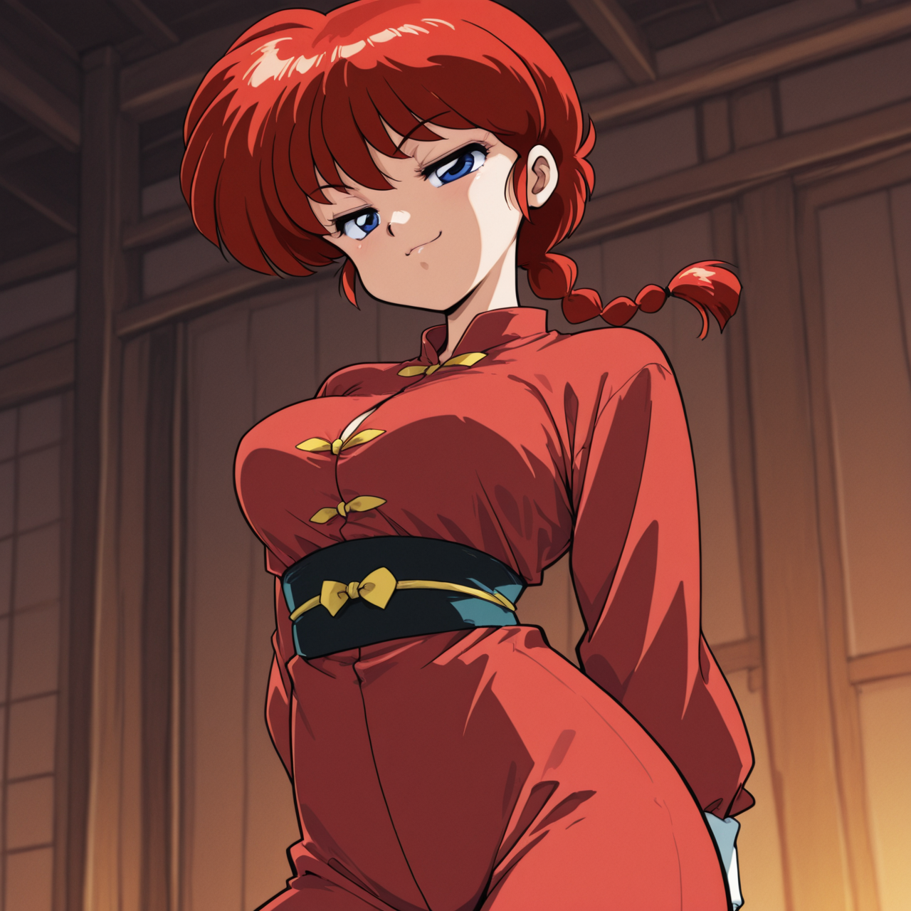 1girl, 
Ukyo Kuonji, Ranma ½
official style, 
,
smug 
sensual  pose, 
happy eyes  
 <lora:DarkfireWeeb4:1>