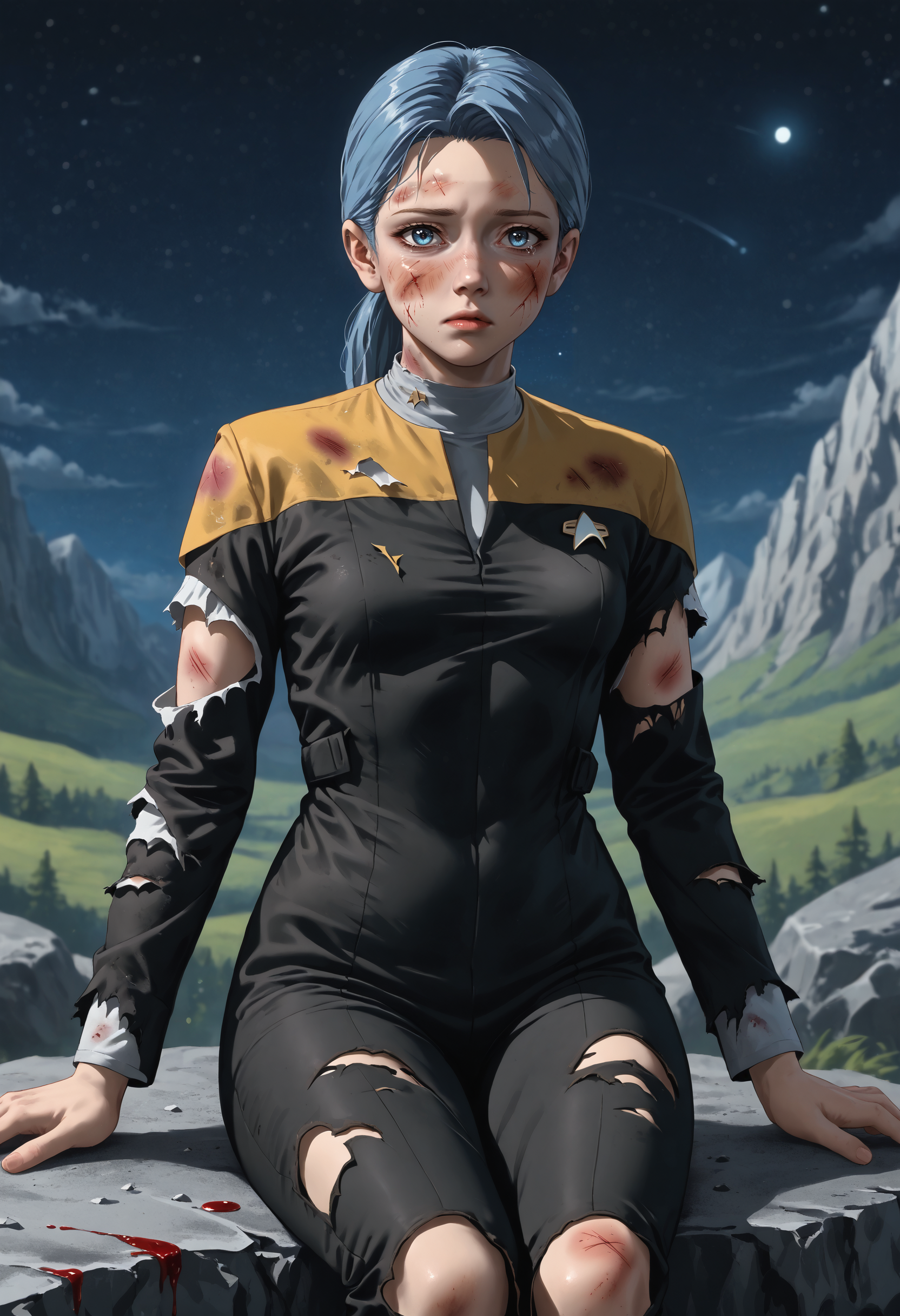 score_9, score_8_up, score_7_up, source_anime, sad, crying, (full body shot), sitting, against rock, leaning back, 
BREAK
<lora:KaraDBH:0.9> 1girl, medium hair, ponytail, blue hair, blue eyes, lips, small breasts, (slim hips:1.1), (skinny:1.2), slender, athletic, (bleeding:1.2), (bruised eye:1.6), injury, (dirty:1.8), blood on clothes, blood on face, dirty clothes, 
BREAK
 <lora:VoyPony:1> voyunf, star trek uniform, long black sleeves, black pants, black jumpsuit, grey Vneck, yellow shoulders, (torn clothes:1.8), (torn pants:1.4), (torn sleeves:1.5), (torn shirt:1.6), 
BREAK
<lora:StS_PonyXL_Detail_Slider_v1.4_iteration_3 (1):3>, scenery, outdoors, mountain, rock, boulder, ice, cliff, mountainous horizon, gravel, night sky, 
BREAK
volumetric lighting, depth of field, cinematic, vibrant, shadows, detailed, high contrast,âââ <lora:vivid_everclear:0.3>,âââ  <lora:Outer_Space:0.3> 0u73r5p4c3, space, planet,