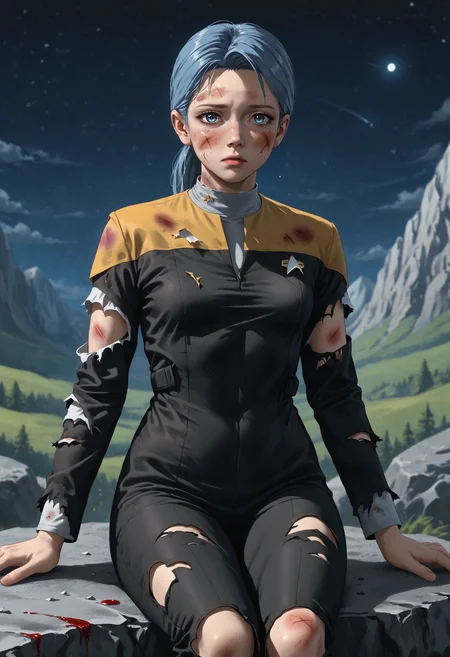 score_9, score_8_up, score_7_up, source_anime, sad, crying, (full body shot), sitting, against rock, leaning back,
BREAK
<lora:KaraDBH:0.9> 1girl, medium hair, ponytail, blue hair, blue eyes, lips, small breasts, (slim hips:1.1), (skinny:1.2), slender, athletic, (bleeding:1.2), (bruised eye:1.6), injury, (dirty:1.8), blood on clothes, blood on face, dirty clothes,
BREAK
<lora:VoyPony:1> voyunf, star trek uniform, long black sleeves, black pants, black jumpsuit, grey Vneck, yellow shoulders, (torn clothes:1.8), (torn pants:1.4), (torn sleeves:1.5), (torn shirt:1.6),
BREAK
<lora:StS_PonyXL_Detail_Slider_v1.4_iteration_3 (1):3>, scenery, outdoors, mountain, rock, boulder, ice, cliff, mountainous horizon, gravel, night sky,
BREAK
volumetric lighting, depth of field, cinematic, vibrant, shadows, detailed, high contrast,âââ <lora:vivid_everclear:0.3>,âââ <lora:Outer_Space:0.3> 0u73r5p4c3, space, planet,