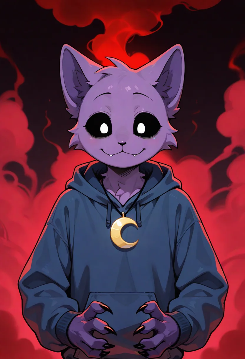 best quality, amazing quality, very aesthetic, absurdres, newest, catnap, poppy_playtime, solo, male, furry, black sclera, white eyes, blue hoodie, crescent necklace, red smoke, claws, upper body, <lora:CatNap_Poppy_Playtime_illustrious:1>