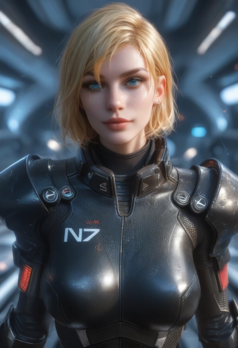 score_9, score_8_up, score_7_up, score_6_up, score_5_up, 1girl, blonde hair, bobcut, blue eyes, busty, seductive smile, looking at the viewer, Expressiveh, realistic, femshepxl, black power armor, N7, full bodysuit, armor, alone, clean spaceship, futuristic
