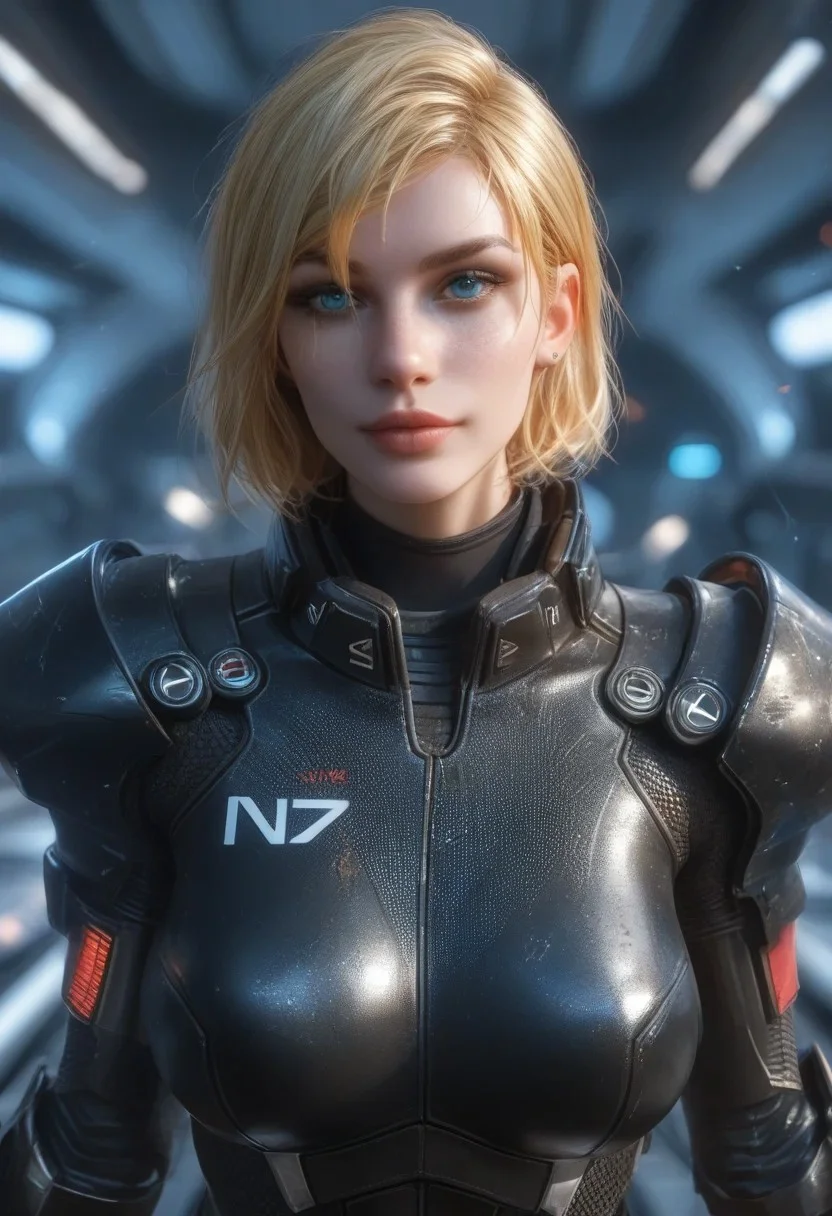 score_9, score_8_up, score_7_up, score_6_up, score_5_up, 1girl, blonde hair, bobcut, blue eyes, busty, seductive smile, looking at the viewer, Expressiveh, realistic, femshepxl, black power armor, N7, full bodysuit, armor, alone, clean spaceship, futuristic