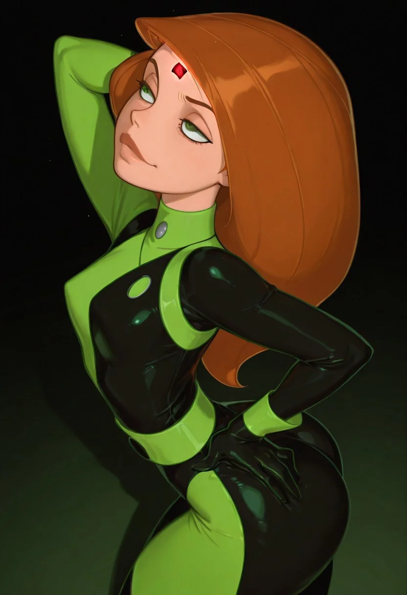 1girl, solo, masterpiece, best quality, amazing quality, absurdres BREAK mind control chip, kim possible, ginger hair, long hair, green eyes, forehead ornament, glowing red light, skinny, black and green bodysuit, two-toned uniform, gloves, green belt, evil eyes, smug, alluring, posing, dynamic pose, sexy, alluring, one hand behind head, one hand on hips, hips to side, wide hips, bubble butt, curvy, small breasts, dynamic pose, sexy, from above