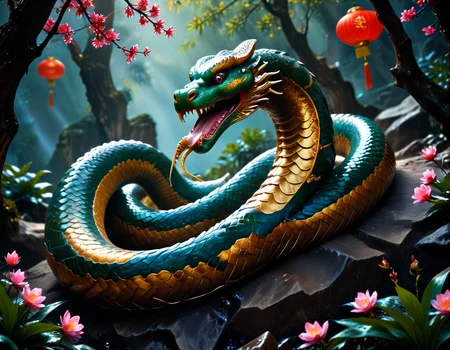 	In the depths of an enchanted forest in China, a giant serpent, symbol of the Year of the Snake, emerges majestically. Its scales shimmer like jewels under the sun's rays, blending vibrant green and gold. The villagers, fascinated, gather to admire this mystical creature, believing it brings wisdom and prosperity. The serpent, guardian of ancient secrets, slowly winds around the mountains, leaving behind a trail of blooming flowers and promises of abundance. During the full moon, it will dance to the rhythm of drums, turning the night into a celebration of renewal and harmony, uniting everyone in tradition