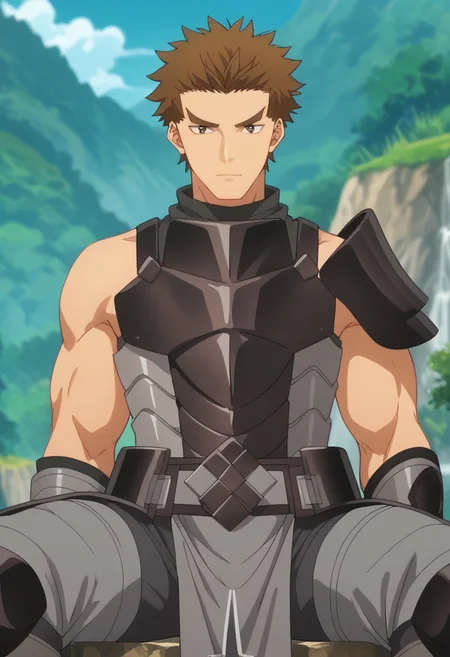 score_9, score_8_up, score_7_up, source_anime, rating_safe, Dragofuri, 1boy, male focus, anime screencap, dark grey armor, dark grey turtleneck, dark grey pauldron, dark grey gauntlet, grey pelvic curtain, dark grey pants, sitting,