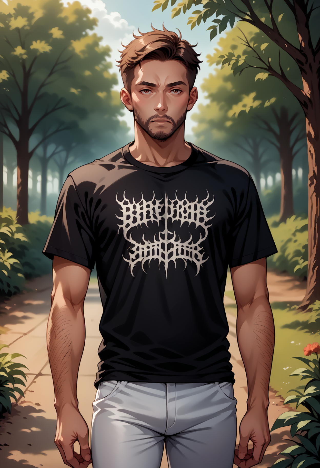 score_9, score_8_up,score_7_up, source_anime,1girl, solo, <lora:EPblackmetalprint:1>, EPblackmetalprint, wearing EPblackmetalprint, 1boy, male focus, black shirt, facial hair, beard, t-shirt, white pants, outdoors, arm hair, print shirt, short hair, blurry background, nature, photo background, arms at sides, day, brown hair, short sleeves, tree, forest, mature male