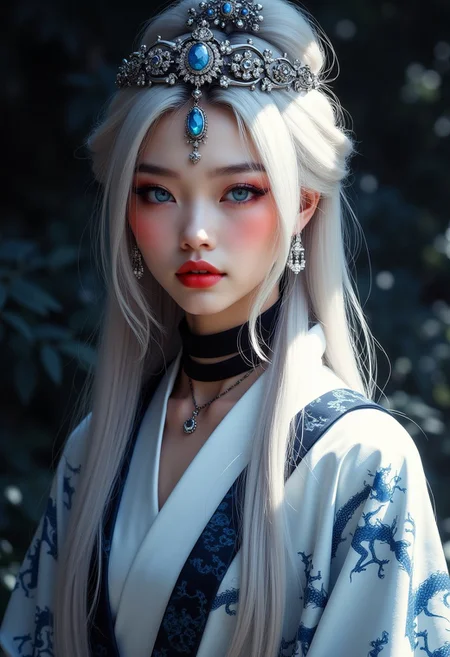 photorealistic image of japanese princess, long loose platinum hair, blue eyes, dark eyeshadow, blusher, red lips, porcelain skin, jewelled silver tiara, earrings black choker, white gown with blue dragon patterns, dark abstract background, silhouetted in japanese formal garden, light hitting one side of face, the other side in darkness, direct gaze