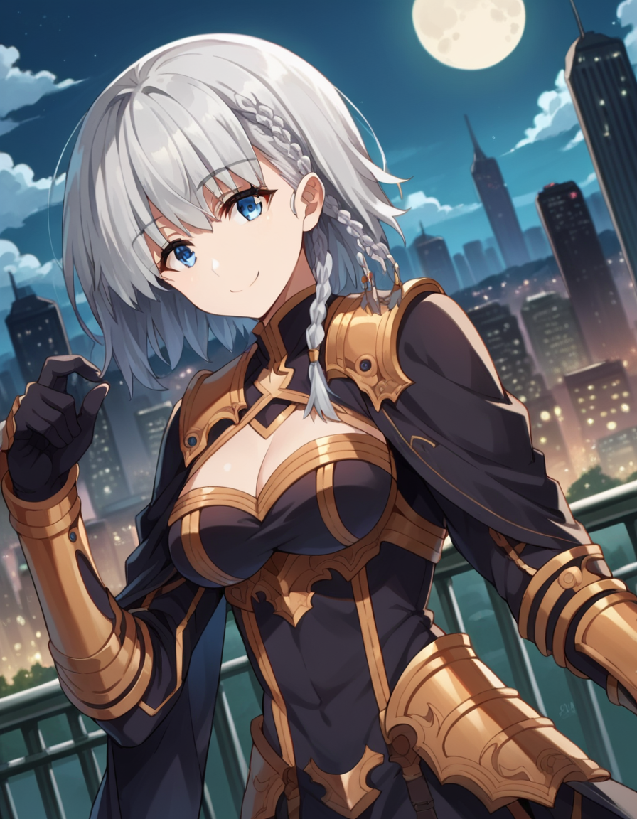 score_9, score_8_up, score_7_up, source_anime,
shadowbeta, <lora:shadow-beta-ponyxl-lora-nochekaiser:1>,
beta, short hair, blue eyes, braid, grey hair, smile,
gloves, cleavage, armor, clothing cutout, cleavage cutout,
outdoors, cityscape, night, moon,
looking at viewer, cowboy shot, dutch angle,