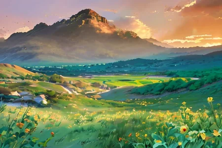 green plain, sunset, golden hour, landscape, ultra detailed, flowers,
